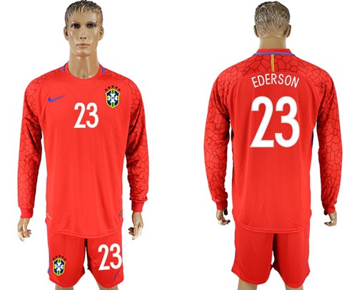 Brazil #23 Ederson Red Goalkeeper Long Sleeves Soccer Country Jersey